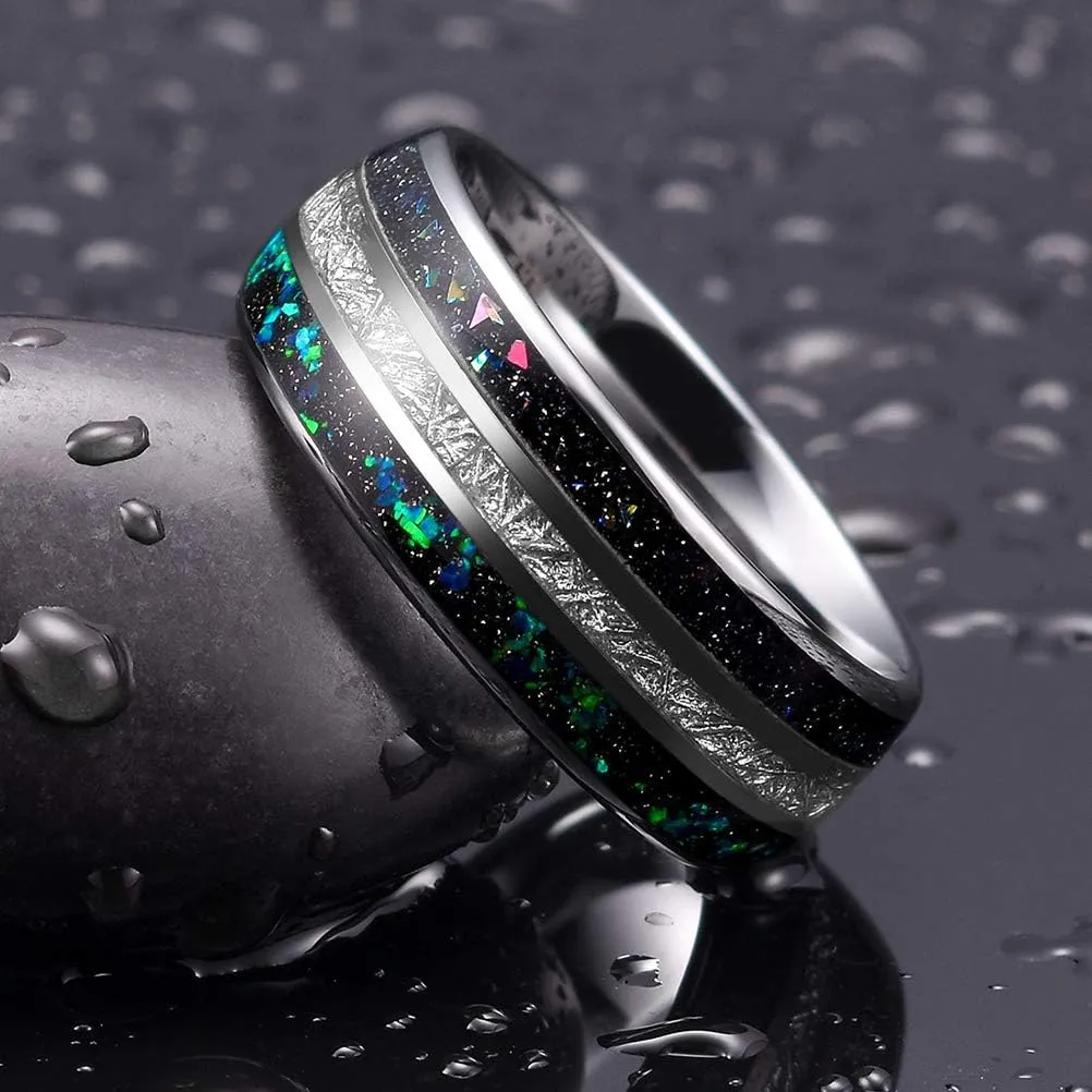 THREE KEYS JEWELRY Men Wedding Bands 8mm Tungsten Galaxy Blue Stone Carbide Meteorite Ring Real with Jewels Polished Infinity Unique for Him Black/Sliver