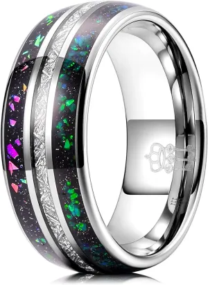 THREE KEYS JEWELRY Men Wedding Bands 8mm Tungsten Galaxy Blue Stone Carbide Meteorite Ring Real with Jewels Polished Infinity Unique for Him Black/Sliver