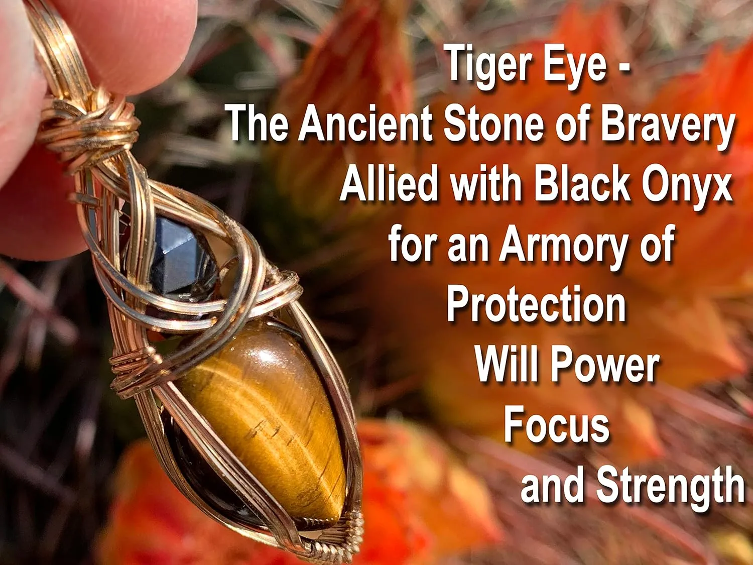 Tiger Eye and Black Onyx Necklace Pendant - protection, courage, healing crystal necklace jewelry TgEy (gold-filled)