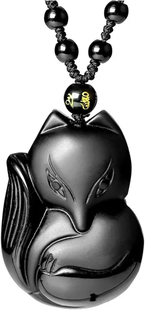 Top Plaza Natural Black Obsidian Healing Crystal Necklaces Fox Talisman Buddha Mala Prayer Pendant Necklace
