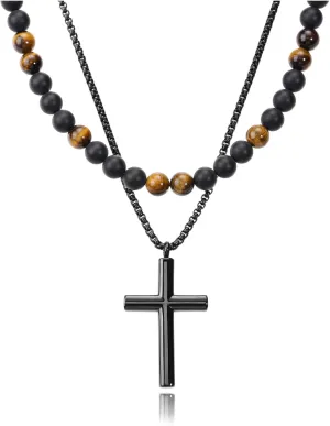 Top Plaza Necklace for Men Tiger Eye Cross Pendant Necklace Mens Stainless Steel Black Cool Cross Necklaces Handmade Gemstone Beaded Necklace Jewelry Gifts