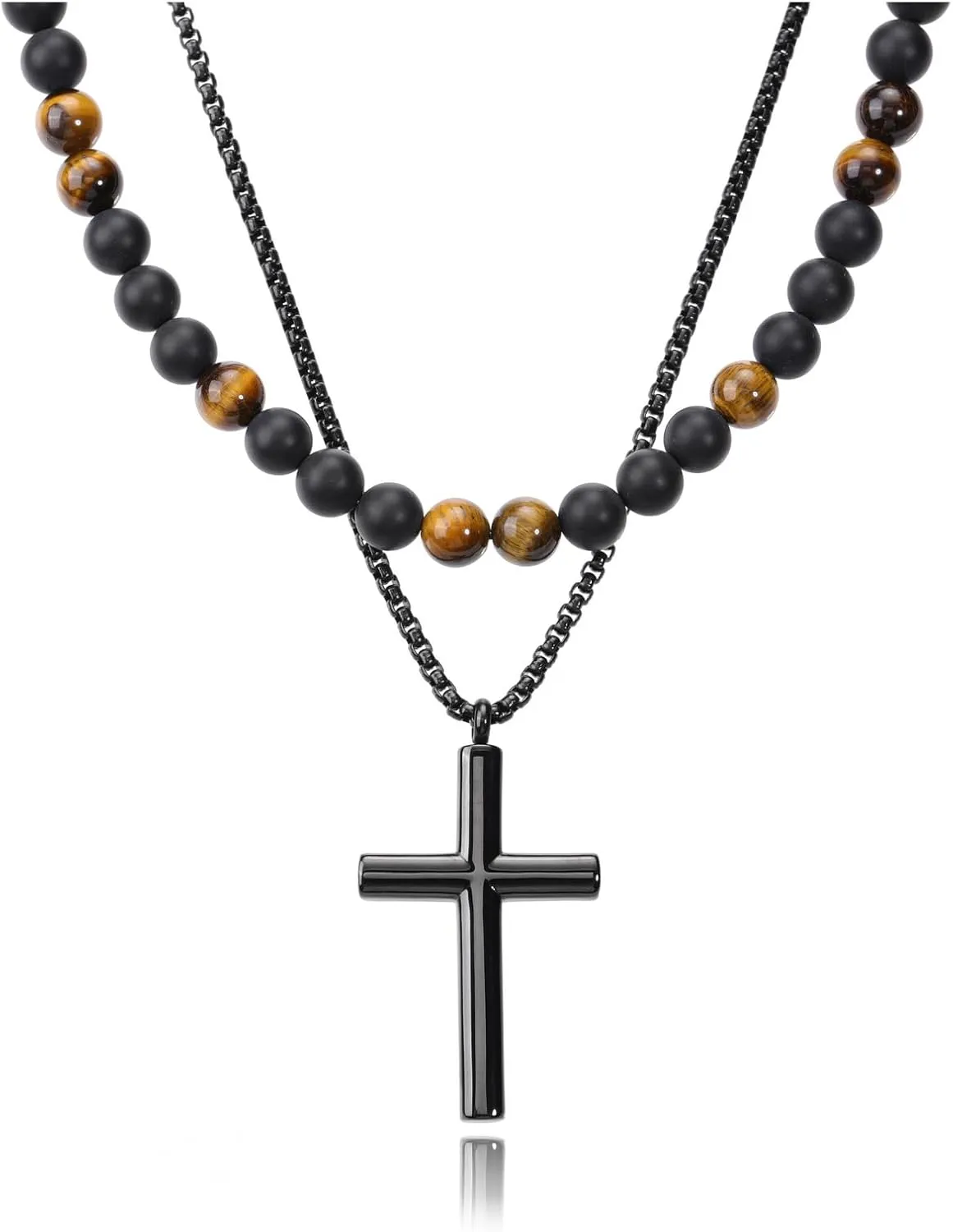 Top Plaza Necklace for Men Tiger Eye Cross Pendant Necklace Mens Stainless Steel Black Cool Cross Necklaces Handmade Gemstone Beaded Necklace Jewelry Gifts