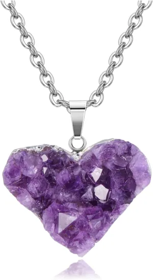 Top Plaza Raw Amethyst Crystal Necklace for Women Heart Natural Cluster Druzy Pendant Necklaces Handmade Healing Gemstone Quartz Jewelry Gift