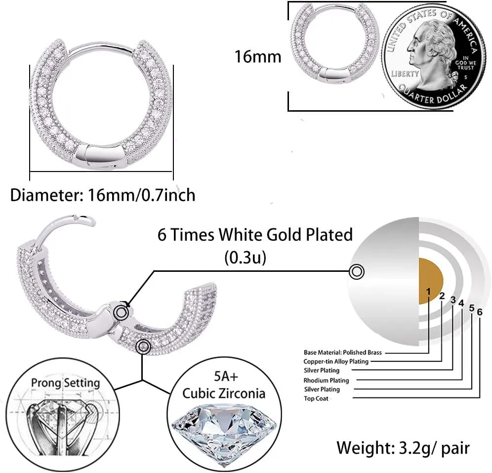 TOPGRILLZ Iced Out Hoop Earrings Cubic Zirconia Huggie Cartilage Cuff Hypoallergenic 14K Gold Plated Luxury Fashion Round Circle Earrings For Men Women