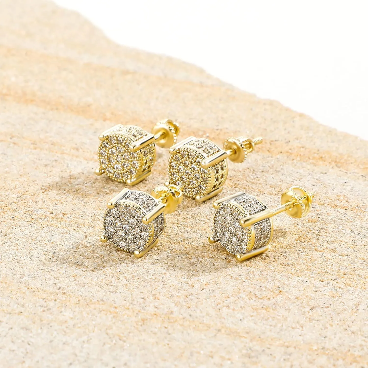 TOPGRILLZ Screw Back Earrings 14K Golden Plated 5A  Cubic Zirconia Cluster Round Screw On Stud Earrings For Men Women Aretes De Hombre