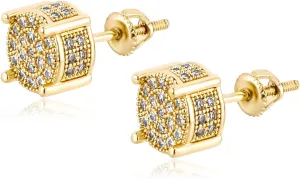 TOPGRILLZ Screw Back Earrings 14K Golden Plated 5A  Cubic Zirconia Cluster Round Screw On Stud Earrings For Men Women Aretes De Hombre