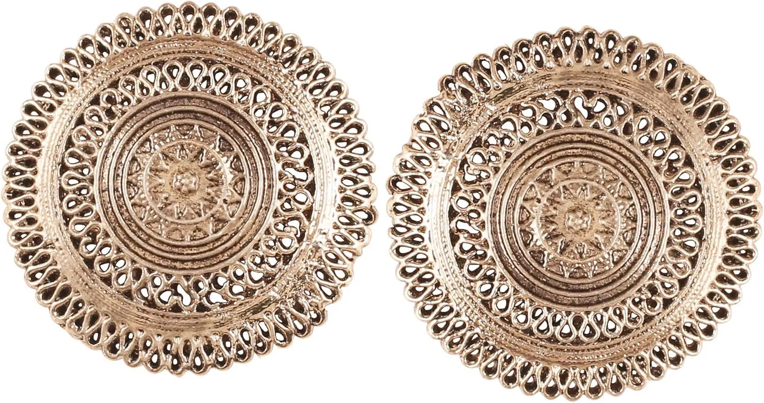 Touchstone "Tribal Bohemian Chic" Indian Bollywood Artistic Fringes Motif Designer Jewelry Big Stud Earrings For Women In Antique Gold or Silver Tone.