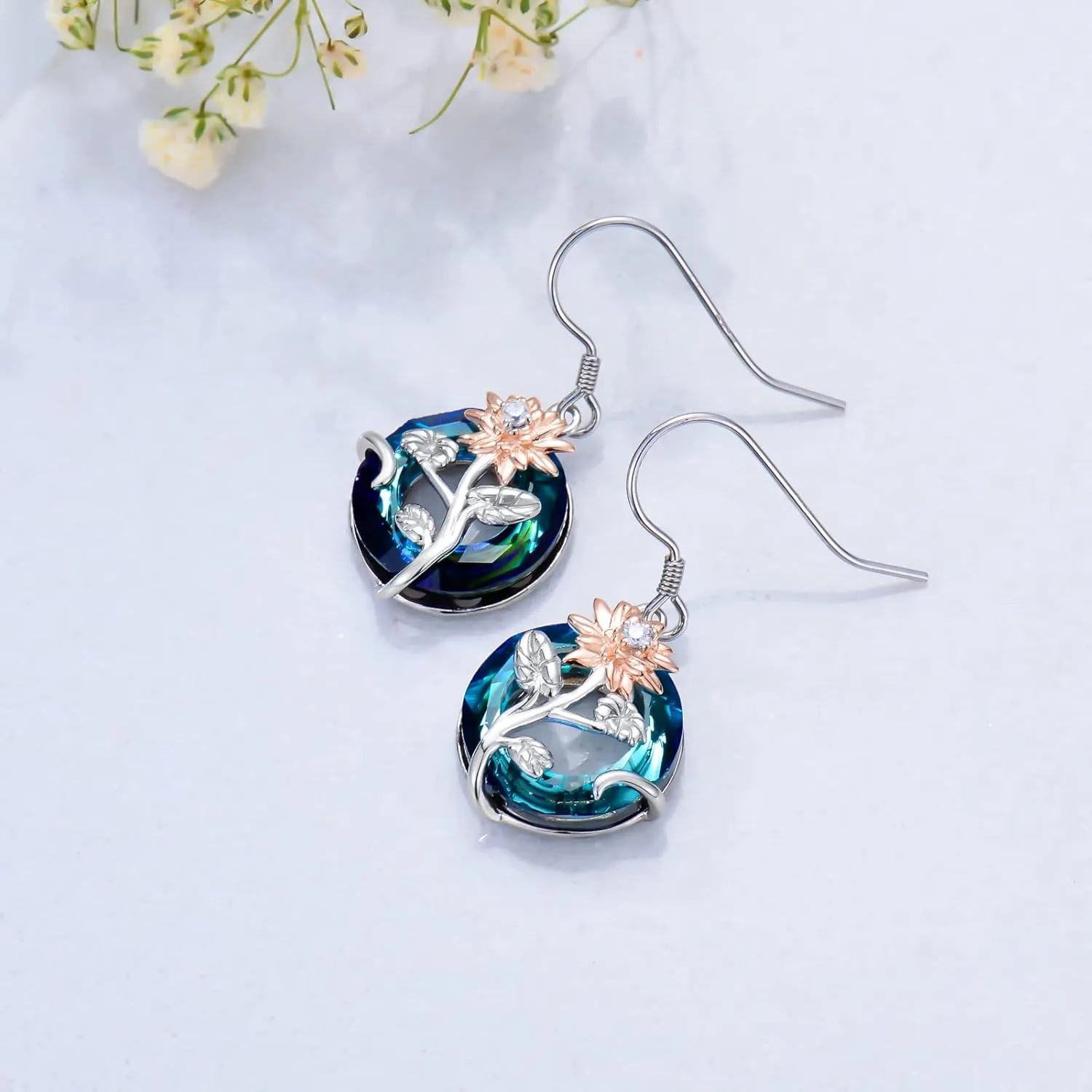 TOUPOP Birth Flower Earrings 925 Sterling Silver 12 Month Floral Earrings Birthstone Crystal Jewelry Birthday Mothers Day Gifts for Women Mom Her