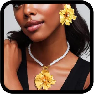 TWINKLEDE Chunky Gold Flower Necklace Jewelry Set African Choker Necklaces and Earrings Sets for Women