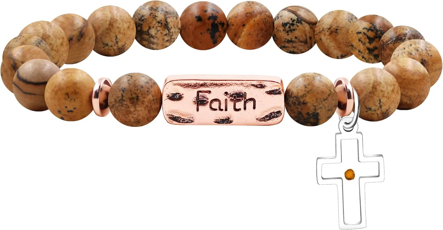 Uloveido Cross Faith Mustard Seed Strech Beaded Bracelet, 8mm Natural Picture Jasper Stone Christian Jewelry, Religious Encouragement Gift