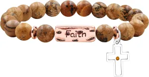 Uloveido Cross Faith Mustard Seed Strech Beaded Bracelet, 8mm Natural Picture Jasper Stone Christian Jewelry, Religious Encouragement Gift