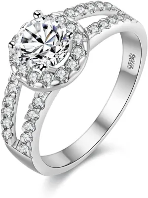 Uloveido Women Round Brilliant Cubic Zirconia 2-Row Split Shank Anniversary Ring Silver Color Unique Bridal Jewelry J510