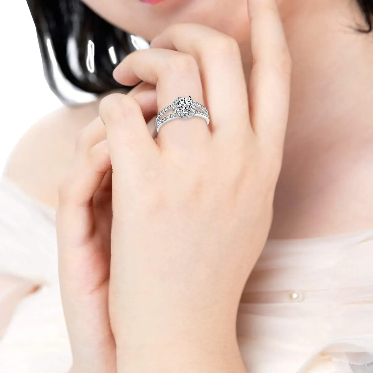 Uloveido Women Round Brilliant Cubic Zirconia 2-Row Split Shank Anniversary Ring Silver Color Unique Bridal Jewelry J510