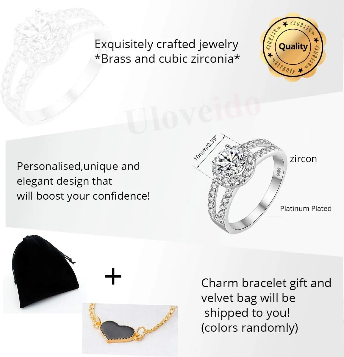 Uloveido Women Round Brilliant Cubic Zirconia 2-Row Split Shank Anniversary Ring Silver Color Unique Bridal Jewelry J510