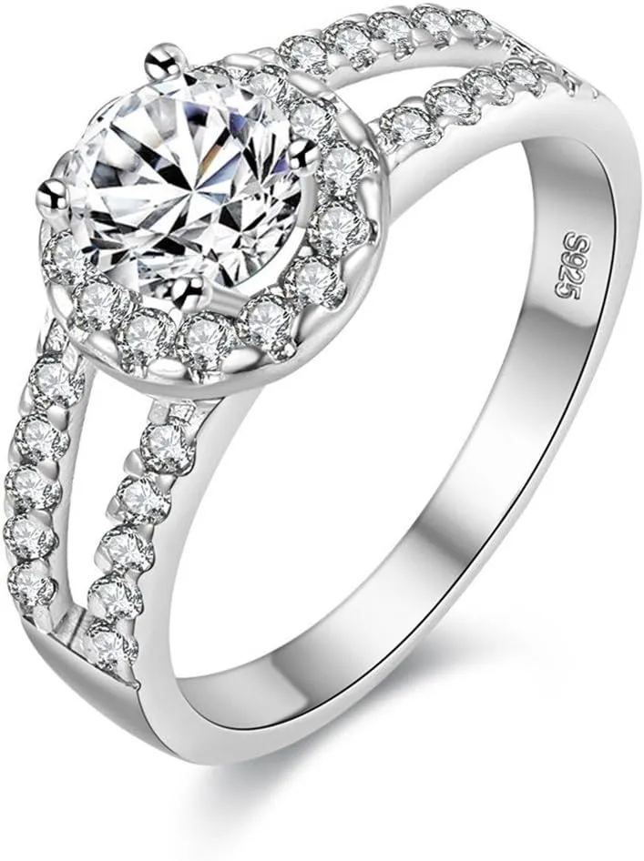 Uloveido Women Round Brilliant Cubic Zirconia 2-Row Split Shank Anniversary Ring Silver Color Unique Bridal Jewelry J510