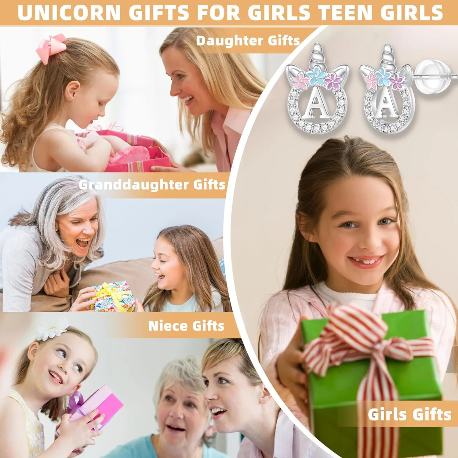 Unicorn Gifts for Girls - 14k Gold/White Gold/Rose Gold Plated Initial Earrings, Sterling Silver Post CZ Jewelry for Birthday