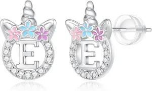 Unicorn Gifts for Girls - 14k Gold/White Gold/Rose Gold Plated Initial Earrings, Sterling Silver Post CZ Jewelry for Birthday