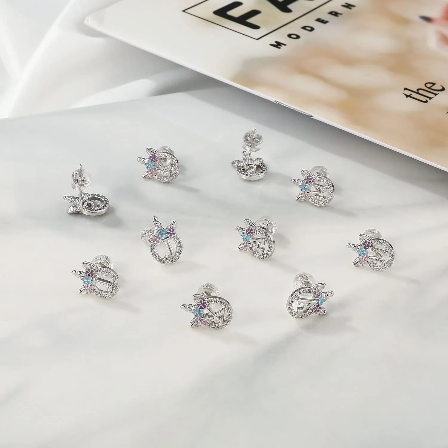 Unicorn Gifts for Girls - 14k Gold/White Gold/Rose Gold Plated Initial Earrings, Sterling Silver Post CZ Jewelry for Birthday