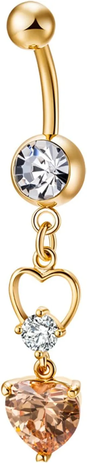 Unique Belly Button Rings Surgical Steel, Heart Belly Piercing 14 Gauge Cubic Zirconia Olive Green Dangly Gold Navel Rings