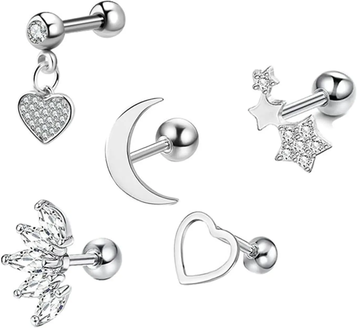 Unique Nose Rings Surgical Steel, Nose Jewelry Moon Star Heart Triangle Cubic Zirconia Body Piercing Lip Tongue 5Pcs Women
