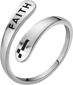 Unique Vintage Sterling Silver Adjustable Ring, Cross Faith Engraving For Women