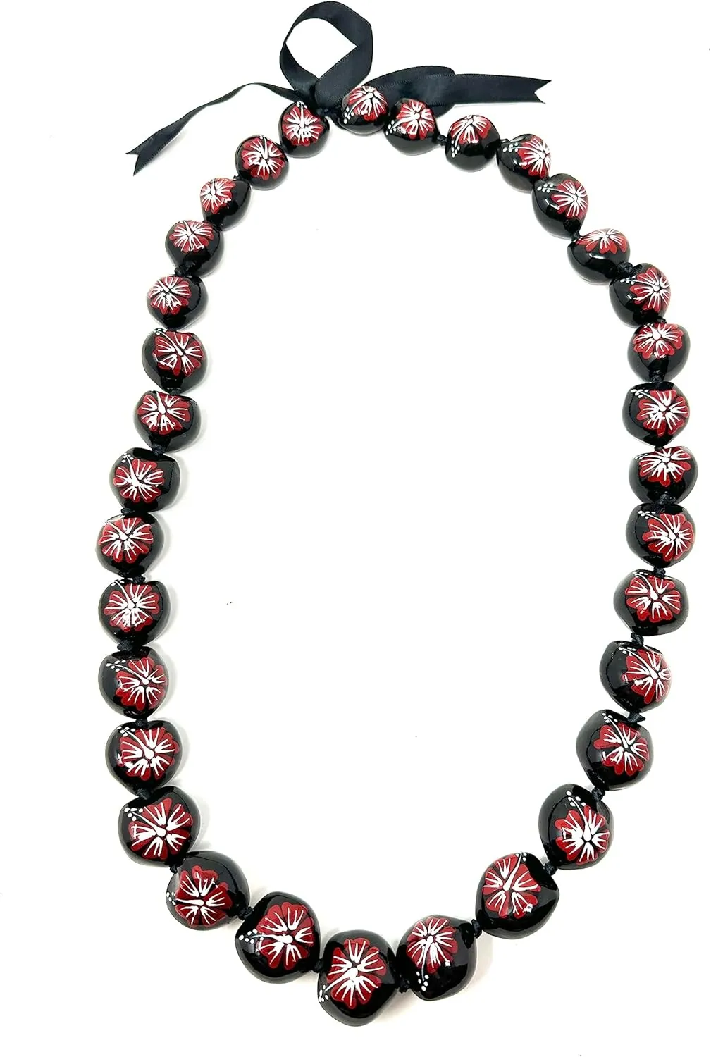 Utama Hawaiian Kukui Nut Leis Beads Necklaces with Hand Painted Flower Adjustable 32 Inch - Necklace for Graduation & Parties