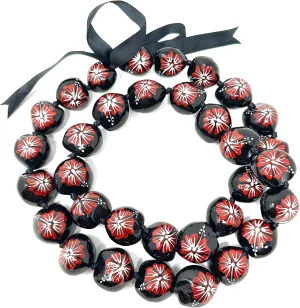 Utama Hawaiian Kukui Nut Leis Beads Necklaces with Hand Painted Flower Adjustable 32 Inch - Necklace for Graduation & Parties