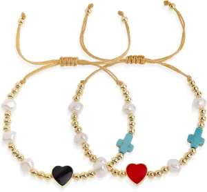 Valentines Day Gold Heart Cross Beaded Couple Bracelets Set for Women, 2pcs Trendy Stackable Love Pearl Beads Friendship Bracelet Summer Fashion Jewelry Gift