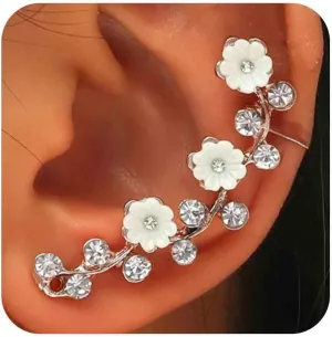 Vintage Crystal Flower Ear Cuff Earrings Gold Rhinestone Crawler Cuff Earrings Punk Cz Cartilage Climber Earrings Long Cz Flower Clip on Earrings Jewelry for Women