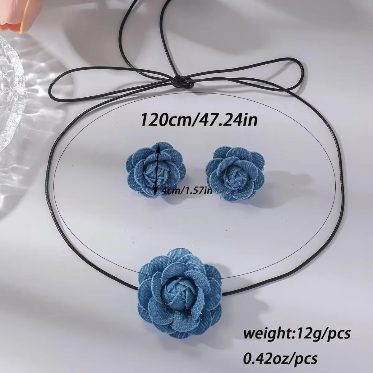 Vintage Denim Flower Choker Necklace Set For Women Blue Rose Flower Hoop Earrings Flower Jewelry Gifts