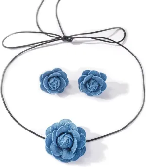 Vintage Denim Flower Choker Necklace Set For Women Blue Rose Flower Hoop Earrings Flower Jewelry Gifts