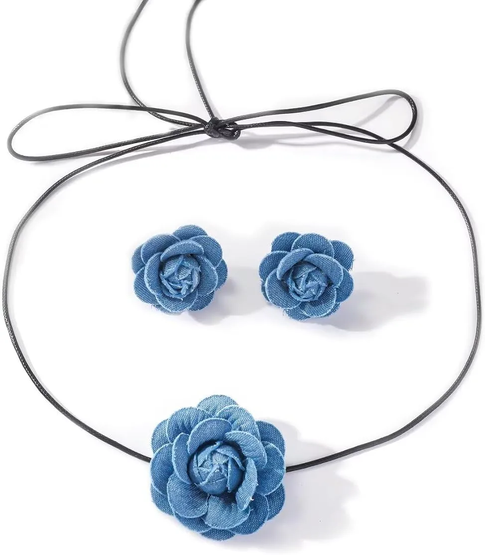 Vintage Denim Flower Choker Necklace Set For Women Blue Rose Flower Hoop Earrings Flower Jewelry Gifts