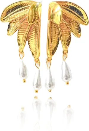 Vintage Gold-Plated Earrings - Synthetic Pearl Drop Design, Elegant Statement Jewelry for Daily and Special Occasions