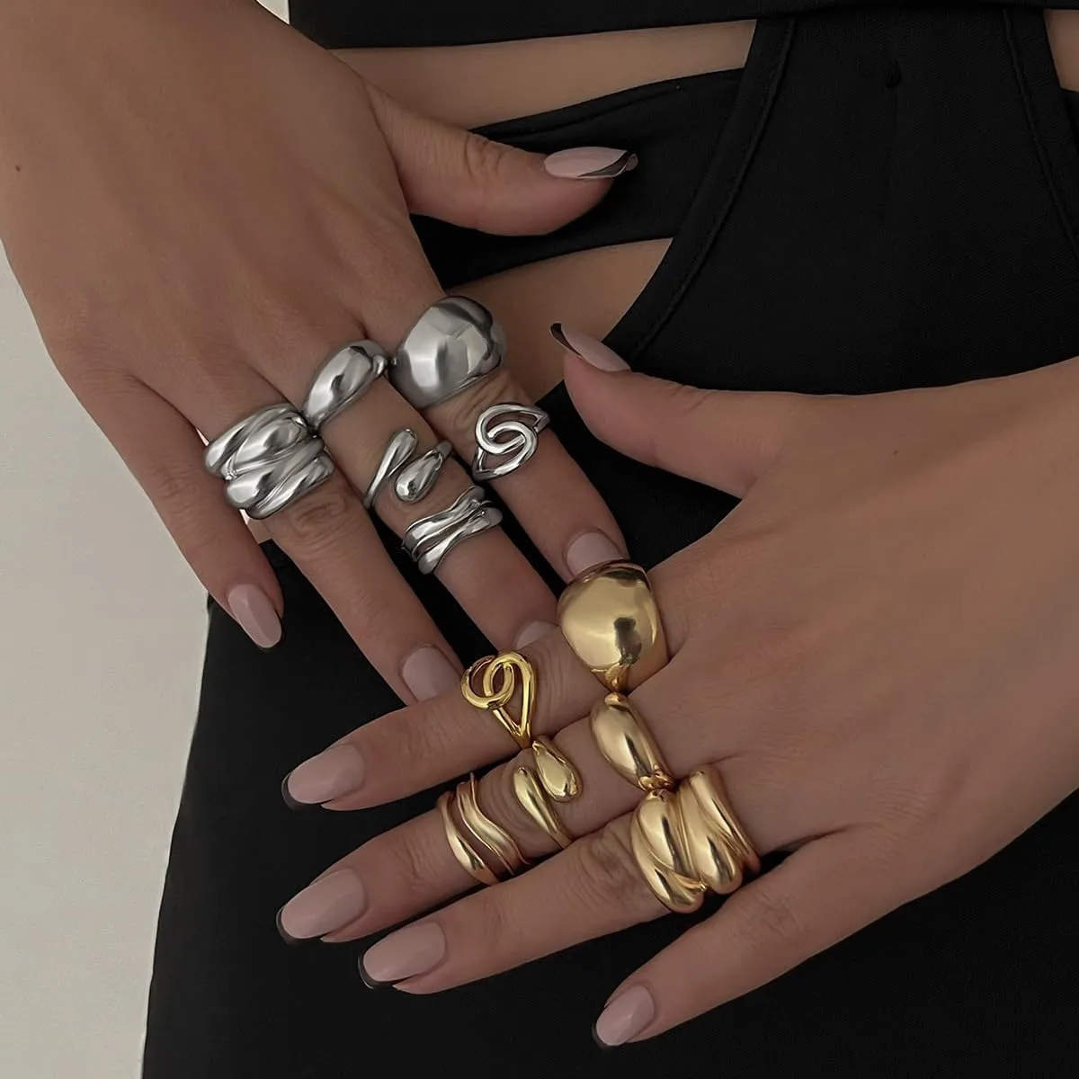 Vintage Knuckle Rings Set for Women Gold Irregular Chunky Rings Set Adjustable Open Knuckle Stacking Rings Set Unique Irregular Waterdrop Ring Set Y2k Statement Ring Vintage Style Jewelry