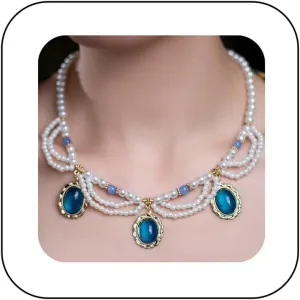 Vintage Pearl Choker Necklace with Blue Gemstone Charm Pendant Elegant Layered Pearl Collar Necklace Large Gem Tassel Pendant Statement Jewelry for Women Wedding Party