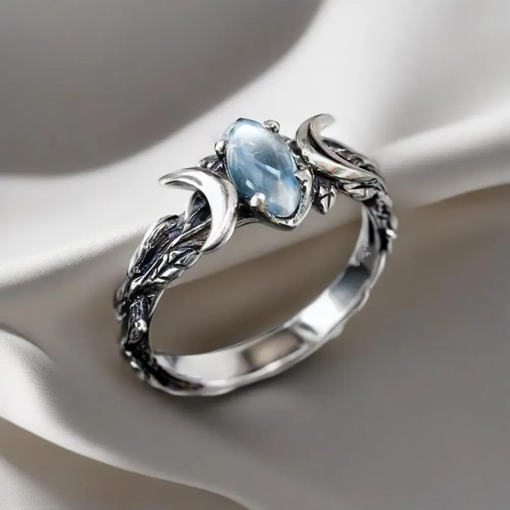 Vintage Women Bohemian Triple Moon Phase Ring Natural Moonstone Moon Ring Engagement Party Wedding Jewelry Rings Anillos