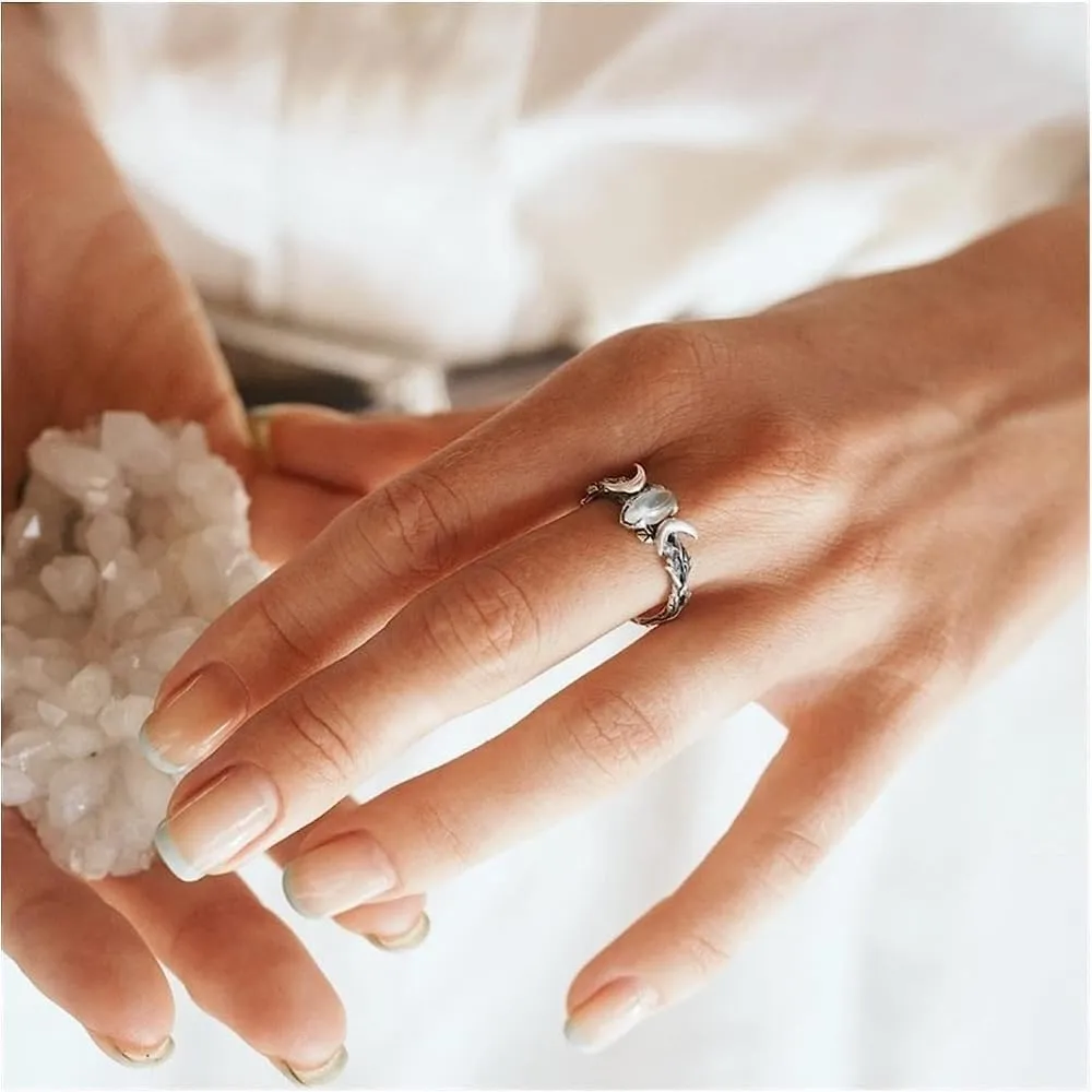 Vintage Women Bohemian Triple Moon Phase Ring Natural Moonstone Moon Ring Engagement Party Wedding Jewelry Rings Anillos