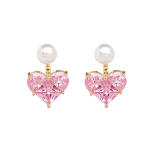 W WEILIRIAN Boho Pearl Jacket Earrings Crystal Heart Earrings Pearl Stud Earrings Rhinestone Heart Dangle Earrings Two Ways Front Back Earrings Jewelry for Women and Girls Gifts