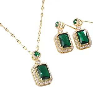 Women Jewelry Set 925 Sterling Silver Rhinestone Zircon Cubic Simulated Emerald Pendant Necklaces & Earrings Set