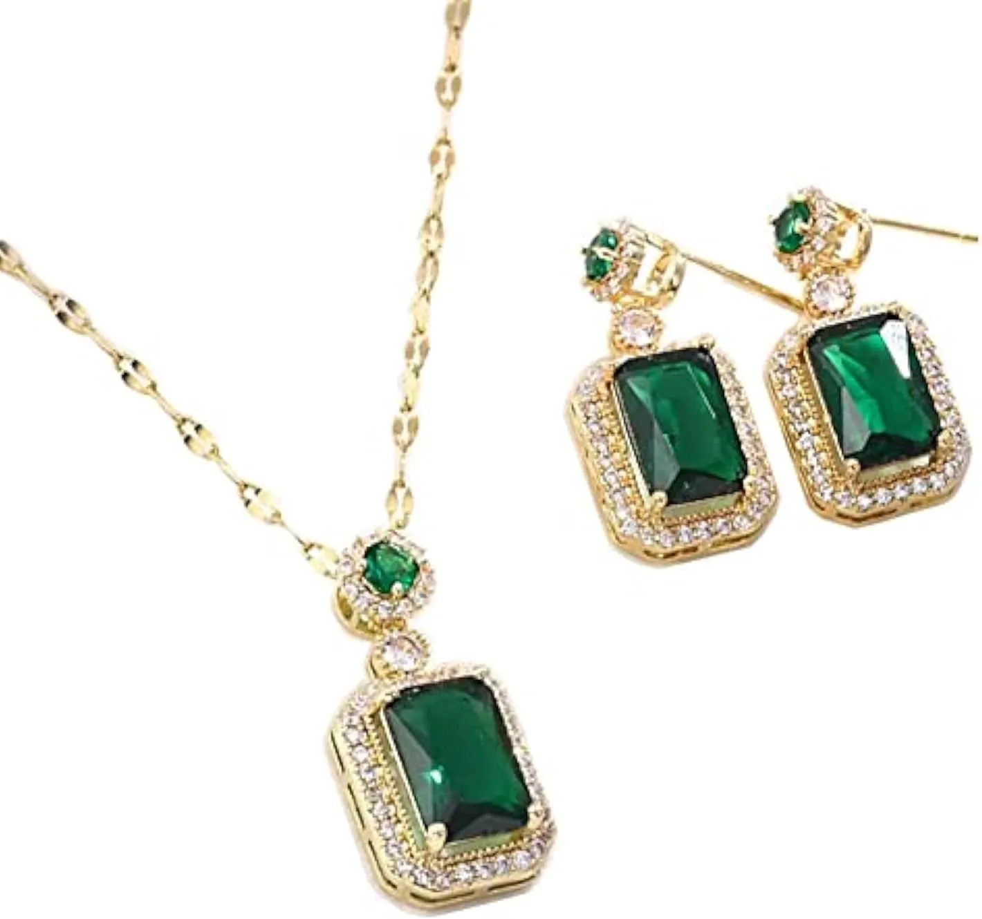 Women Jewelry Set 925 Sterling Silver Rhinestone Zircon Cubic Simulated Emerald Pendant Necklaces & Earrings Set