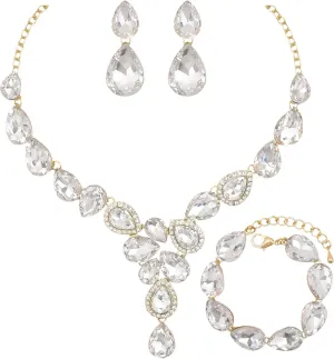 Women's Wedding Bridal Teardrop Austrian Crystal Statement Necklace Dangle Earrings Link Bracelets Jewelry Set for Women Brides Bridesmaids Wedding Prom Party Rhinestone Costume Accessories #1623