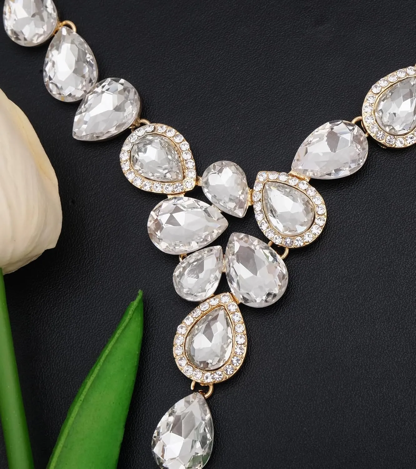 Women's Wedding Bridal Teardrop Austrian Crystal Statement Necklace Dangle Earrings Link Bracelets Jewelry Set for Women Brides Bridesmaids Wedding Prom Party Rhinestone Costume Accessories #1623