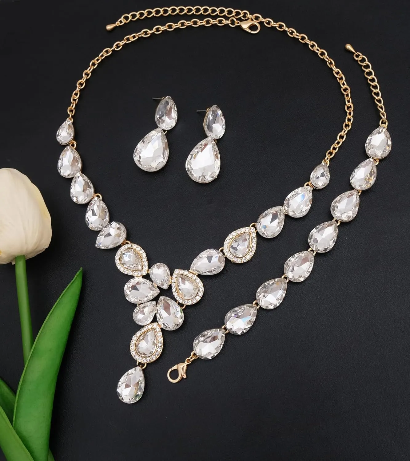 Women's Wedding Bridal Teardrop Austrian Crystal Statement Necklace Dangle Earrings Link Bracelets Jewelry Set for Women Brides Bridesmaids Wedding Prom Party Rhinestone Costume Accessories #1623