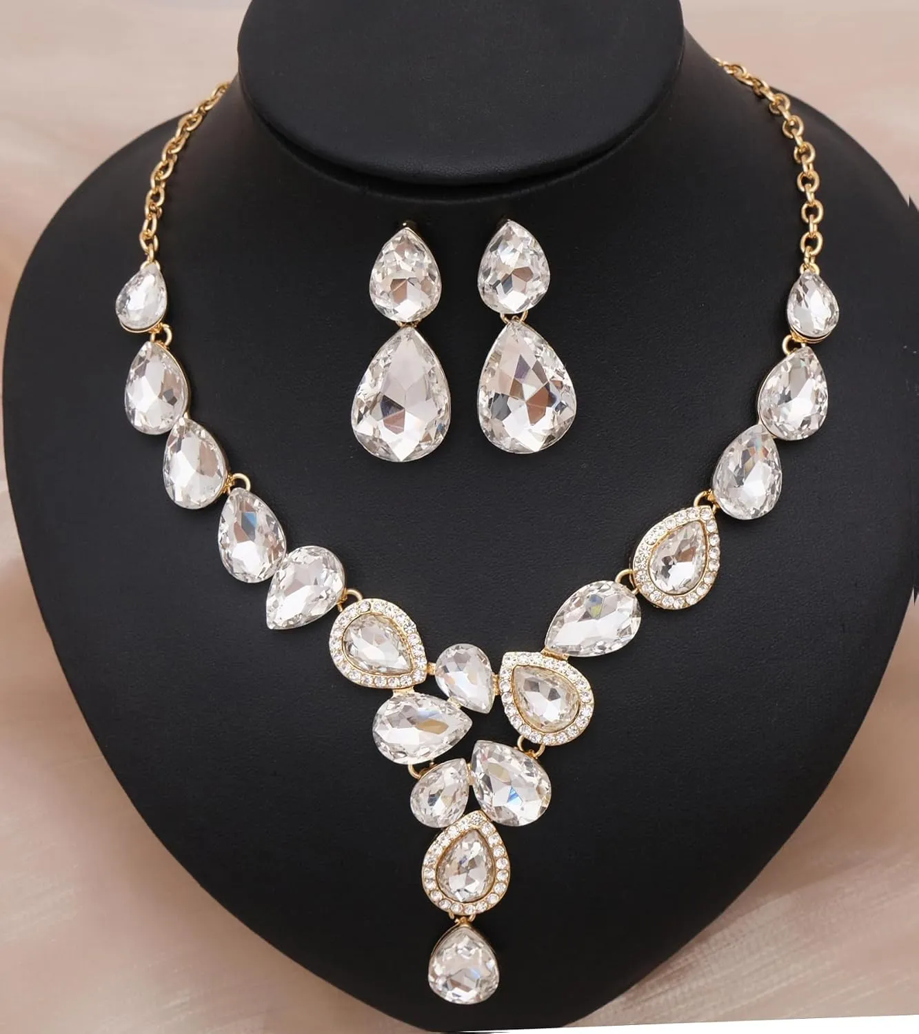 Women's Wedding Bridal Teardrop Austrian Crystal Statement Necklace Dangle Earrings Link Bracelets Jewelry Set for Women Brides Bridesmaids Wedding Prom Party Rhinestone Costume Accessories #1623