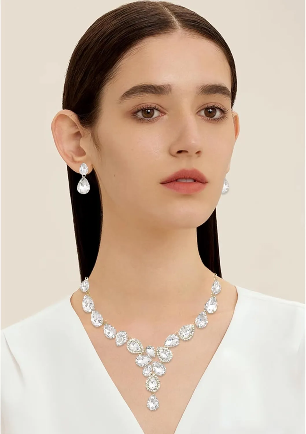 Women's Wedding Bridal Teardrop Austrian Crystal Statement Necklace Dangle Earrings Link Bracelets Jewelry Set for Women Brides Bridesmaids Wedding Prom Party Rhinestone Costume Accessories #1623