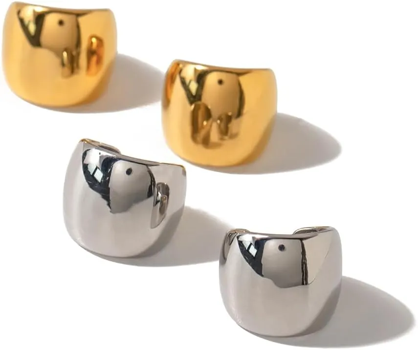 Women's Wide Smooth Gold Color Stainless Steel Ear Cuff Clip On Earrings