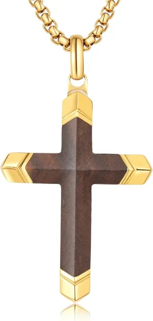 Wooden Cross Necklace for Men, Hand Inlaid Real Ebony Gold Stainless Steel Mens Cross Necklaces, Christian Black Wood Crucifix Pendant 24" Box Chain