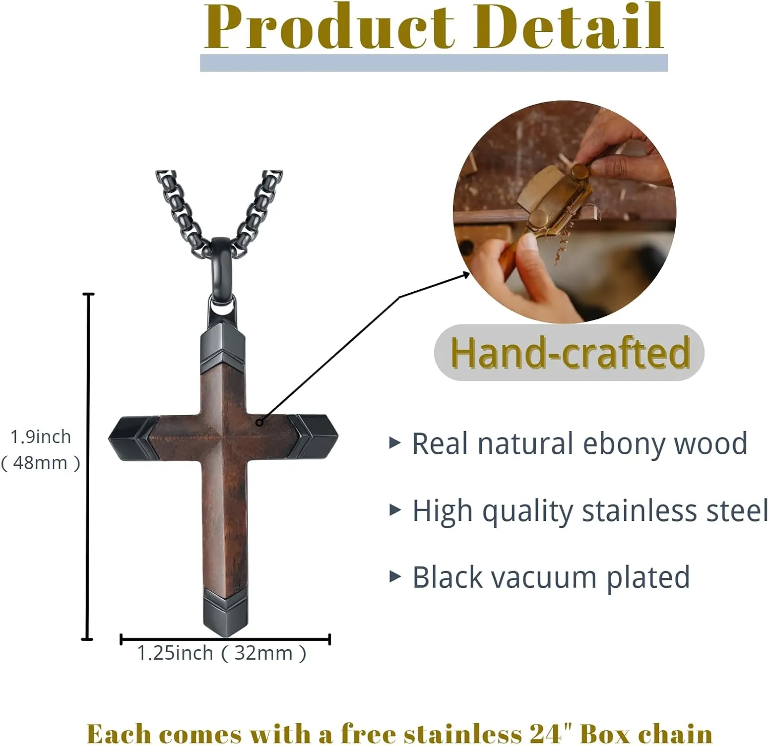 Wooden Cross Necklace for Men, Hand Inlaid Real Ebony Gold Stainless Steel Mens Cross Necklaces, Christian Black Wood Crucifix Pendant 24" Box Chain