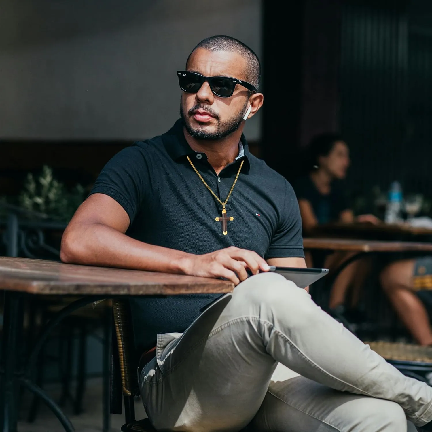 Wooden Cross Necklace for Men, Hand Inlaid Real Ebony Gold Stainless Steel Mens Cross Necklaces, Christian Black Wood Crucifix Pendant 24" Box Chain