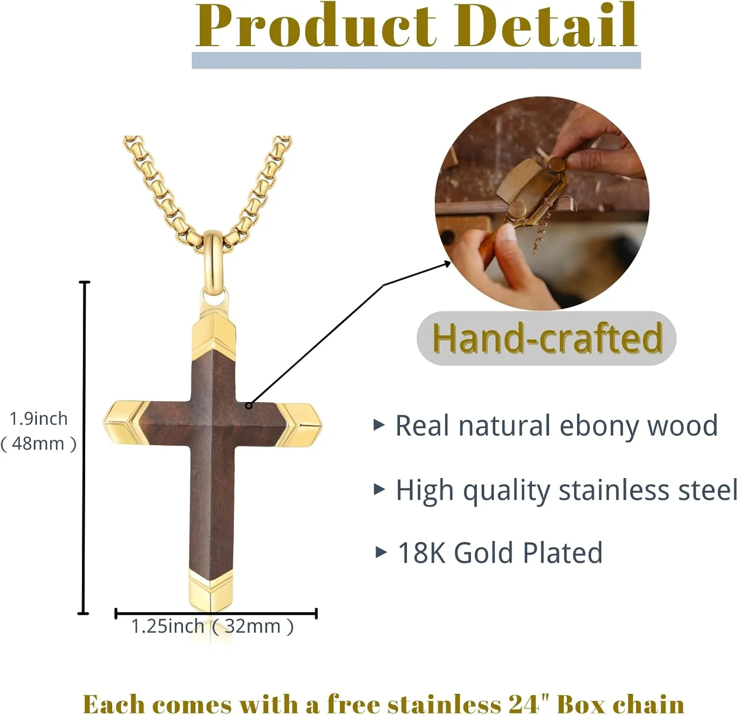 Wooden Cross Necklace for Men, Hand Inlaid Real Ebony Gold Stainless Steel Mens Cross Necklaces, Christian Black Wood Crucifix Pendant 24" Box Chain